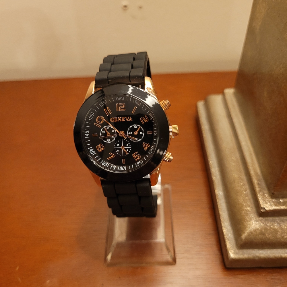 Brand New Black & Rose Gold Geneva Women's Silicone Watch